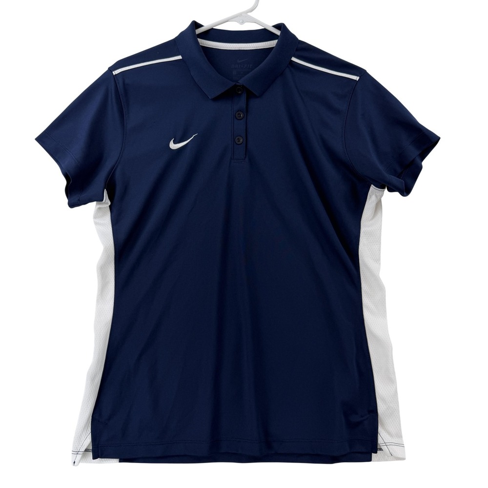 Nike Golf Polo Shirt Womens Large Blue White Dri-FIT Colorblock Athletic Top